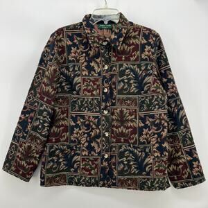 Vintage Lemon Grass Tapestry Floral Jacket Women’s Medium Burgundy Green Navy